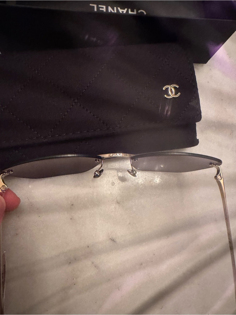 CHANEL Black Rimless Cat-Eye Sunglasses with Gold Accents - Picture 6 of 12
